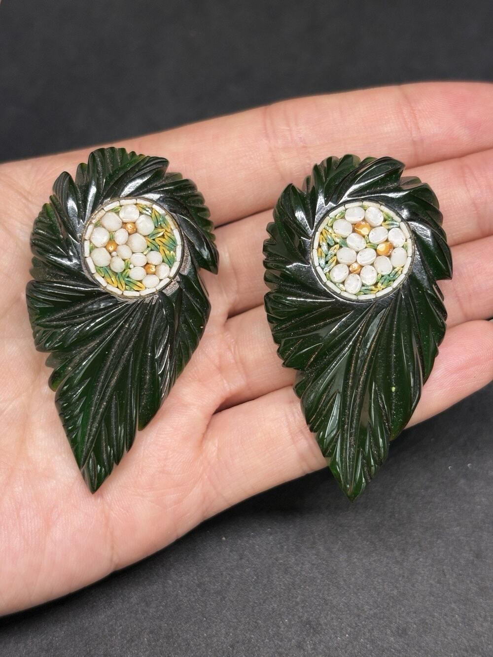 Vintage Dark Green Bakelite Micro mosaic Inlay Rare Pair Of Dress Clip Pin
